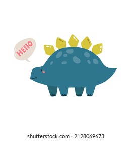Colorful illustration of a funny stegosaurus dino saying roar. Cute image with hand drawn effect in a flat style
