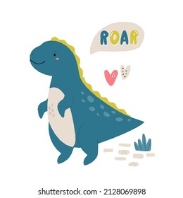 Colorful illustration of a funny trex dino saying roar. Cute image with hand drawn effect in a flat style