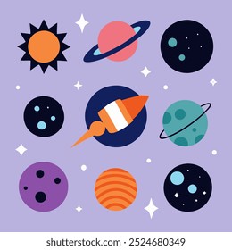 A colorful illustration of a galaxy with planets, stars, and moons. Perfect for adding a touch of whimsy to your designs. This fun graphic is ideal for kids' products, space-themed projects.