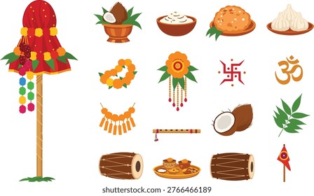 A colorful illustration of Ganesh Chaturthi elements, including decorations, food, and symbols, on a white background.