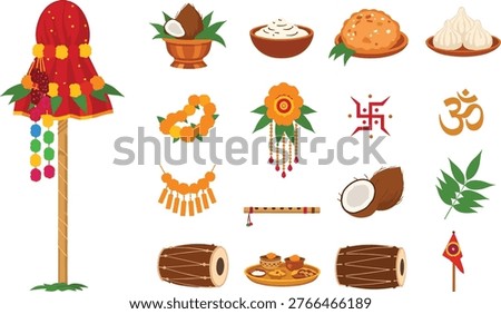 A colorful illustration of Ganesh Chaturthi elements, including decorations, food, and symbols, on a white background.