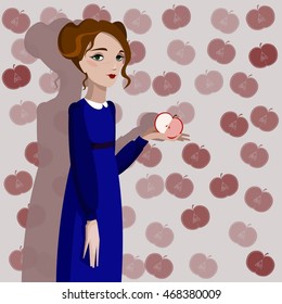 Colorful illustration of girl with apple. 