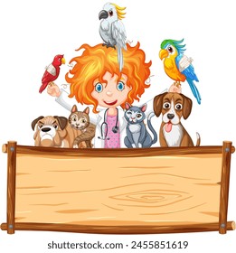 Colorful illustration of girl with birds and dogs.