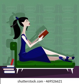Colorful illustration of girl with books. 