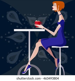 Colorful illustration of girl in the cafe. 