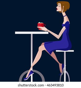 Colorful illustration of girl in the cafe. 