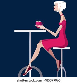 Colorful illustration of girl in cafe. 