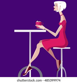 Colorful illustration of girl in cafe. 