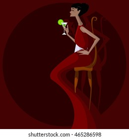 Colorful illustration of girl with cocktail. 