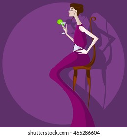 Colorful illustration of girl with cocktail.