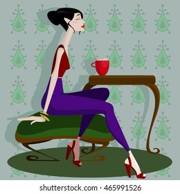 Colorful illustration of girl with coffee. 