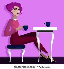 Colorful illustration of girl with coffee. 