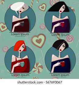 Colorful illustration of girl with cup. Vector set collection.