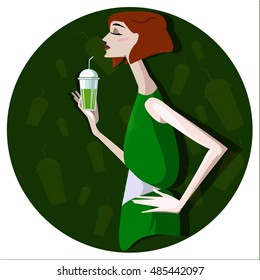 Colorful illustration of girl with drink. 