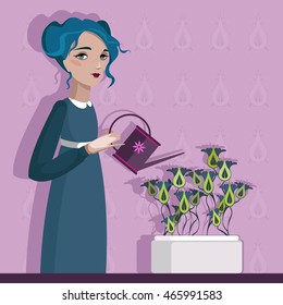 Colorful illustration of girl with flowers. 