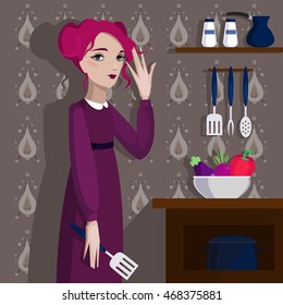 Colorful illustration of girl in the kitchen. 