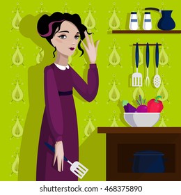 Colorful illustration of girl in the kitchen. 