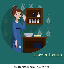 Colorful illustration of girl in the kitchen. 