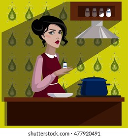 Colorful illustration of girl in the kitchen. 