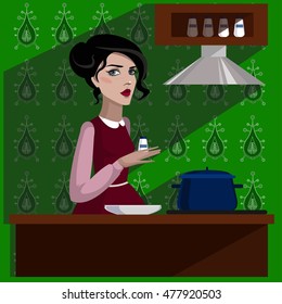 Colorful illustration of girl in the kitchen. 