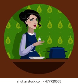 Colorful illustration of girl in the kitchen.