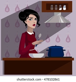 Colorful illustration of girl in the kitchen. 
