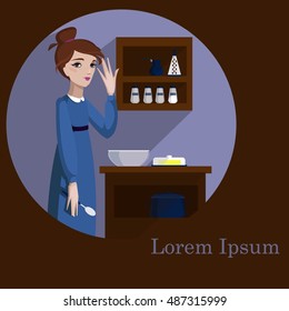Colorful illustration of girl in the kitchen. 