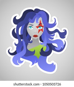 Colorful illustration of girl in modern flat style with purple hair and red star on face