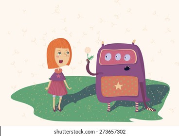 Colorful illustration of girl and monster, who stay on meadow with dandelions. Horizontal, vector.