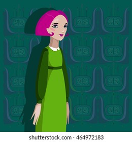 Colorful illustration of girl on floral background. 