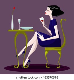 Colorful illustration of girl in the restaurant. 