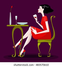 Colorful illustration of girl in the restaurant. 