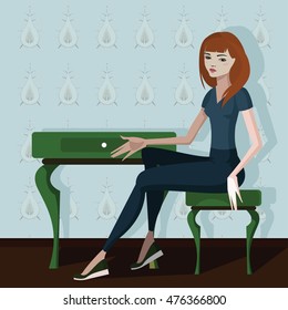 Colorful illustration of girl in room. 