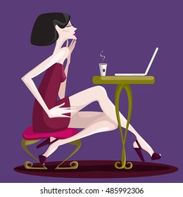 Colorful illustration of girl in room. 