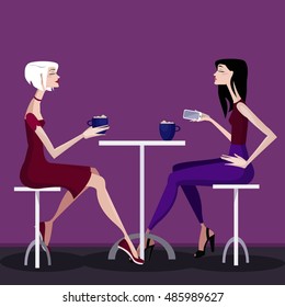 Colorful illustration of girls in cafe. 