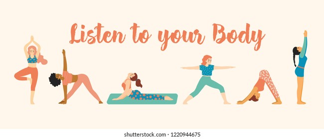 Colorful illustration of girls in simple asana yoga positions. Trendy clean style. Listen to your body. Isolated vector elements. Great for pattern & editorial design, concept, sticker templates etc.