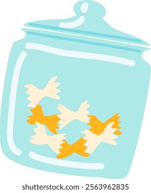 Colorful illustration of a glass jar containing farfalle pasta, representing food storage and preservation techniques for maintaining freshness and quality