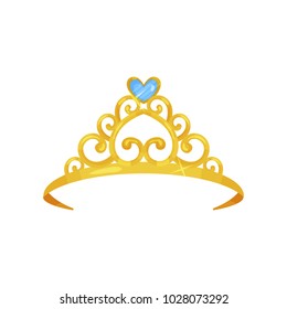 Colorful illustration of golden princess crown. Precious head accessory. Shiny queen tiara decorated with beautiful blue gemstone. Cartoon flat vector icon