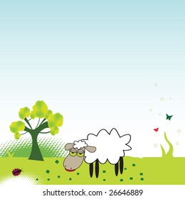 Colorful illustration with green tree, sheep, small butterflies, ladybird and small clovers