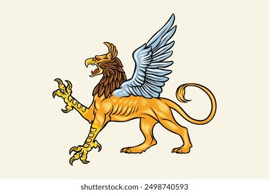 Colorful illustration of a Griffin in vintage style, with sharp claws