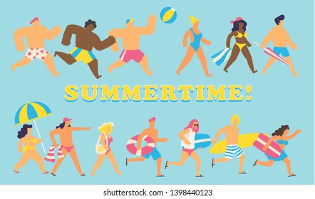 Colorful illustration of a group of young people going to the beach in summer, wearing trunks, bikinis, towels and umbrellas. Editable vector illustation