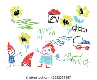 Colorful illustration as if it had been made with crayons by a child. House, flowers, elfs, park and people. Basic vector.