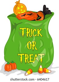 Colorful Illustration Of A Halloween Bag Full Of Candy.