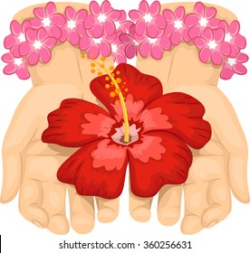 Colorful Illustration of a Hand Offering a Red Hibiscus