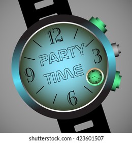 Colorful illustration with hand watch having the text party time written in the middle