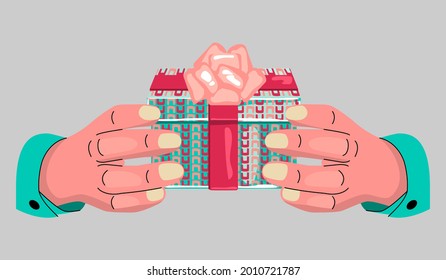 Colorful illustration with hands holding a box decorated with a bow.Design elements drawn in flat style and isolated on grey .Vector template for create  cards,banners,posters,cover,print on clothes.