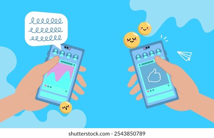 Colorful illustration of hands holding smartphones with social media interactions, emojis, and message icons, depicting online communication and engagement.