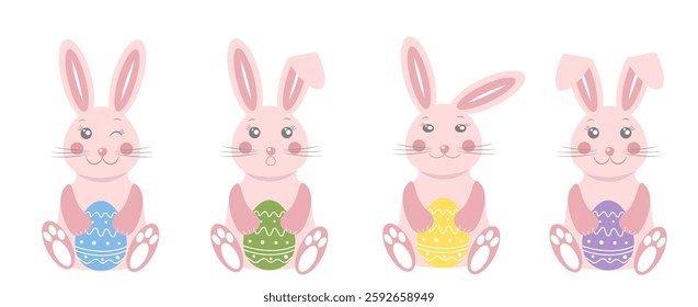 Colorful illustration of happy bunnies holding decorated easter eggs in various colors for a festive celebration