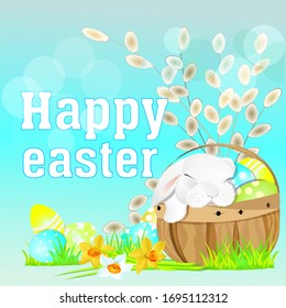 Colorful illustration Happy Easter with a sleeping rabbit in a basket, eggs and floral elements.File format EPS  10. Divided into layers for easy editing