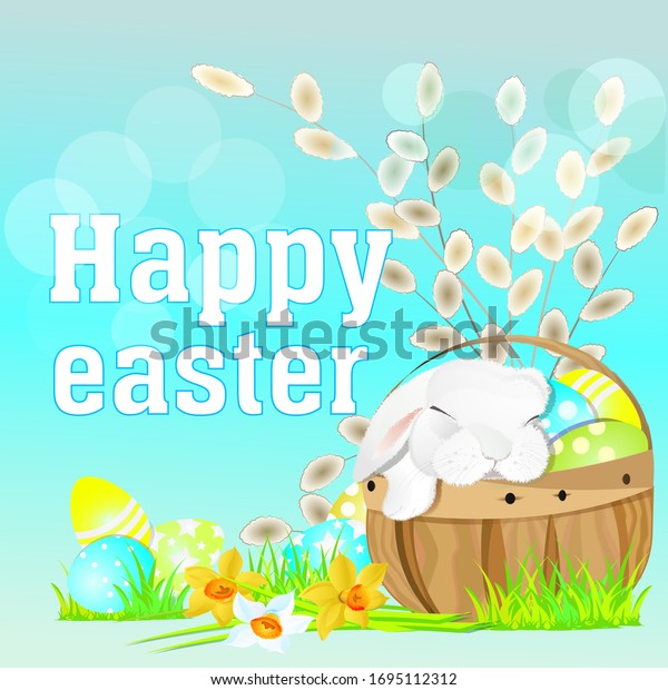 Colorful illustration Happy Easter with a\
sleeping rabbit in a basket, eggs and floral elements.File format\
EPS  10. Divided into layers for easy\
editing